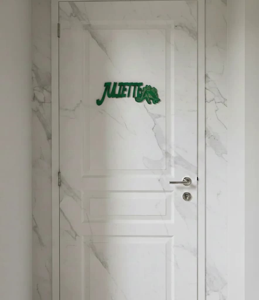 PRÉNOM DE PORTE DÉCOUPE/GRAVURE LASER DINOSAURE EN CONTRE PLAQUE 3 MM D'ÉPAISSEUR PERSONNALISABLE 1